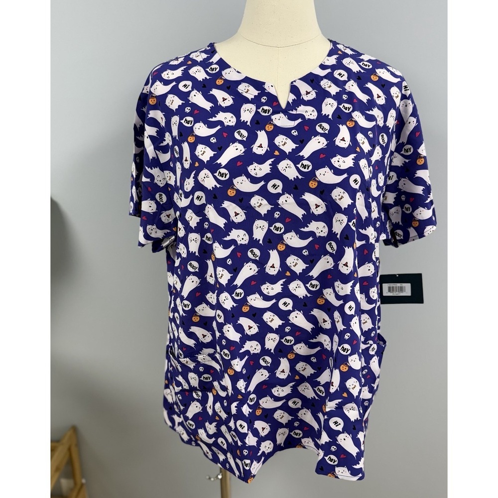 NWT Zoe + Chloe Scrub Top 3X Purple Halloween Ghost Cats Scrubs Nurse Uniform
